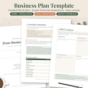 May include: A business plan template document set featuring a title page, an executive summary, and a SWOT analysis page. The text includes headings like Business Plan Template, Executive Summary, and SWOT Analysis with sections for business details.