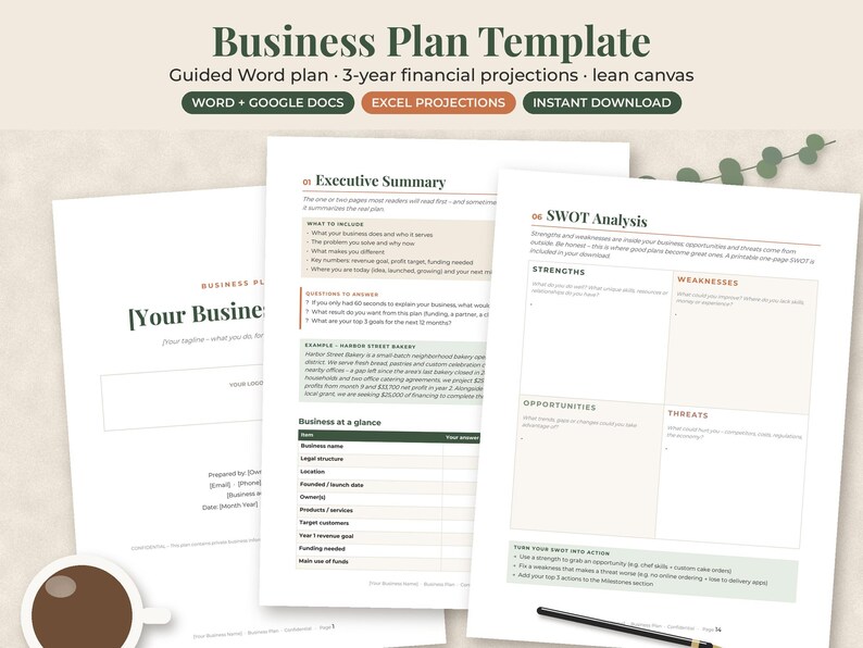 May include: A business plan template document set featuring a title page, an executive summary, and a SWOT analysis page. The text includes headings like Business Plan Template, Executive Summary, and SWOT Analysis with sections for business details.