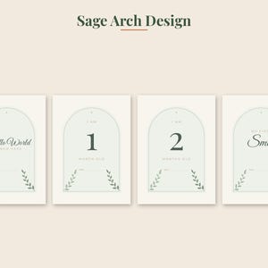May include: Four rectangular milestone cards with a sage green arch design on a cream background. The cards feature dark green text including "Hello World," "1 Month Old," "2 Months Old," and "My First Smile," with small leaf illustrations and lines for dates.