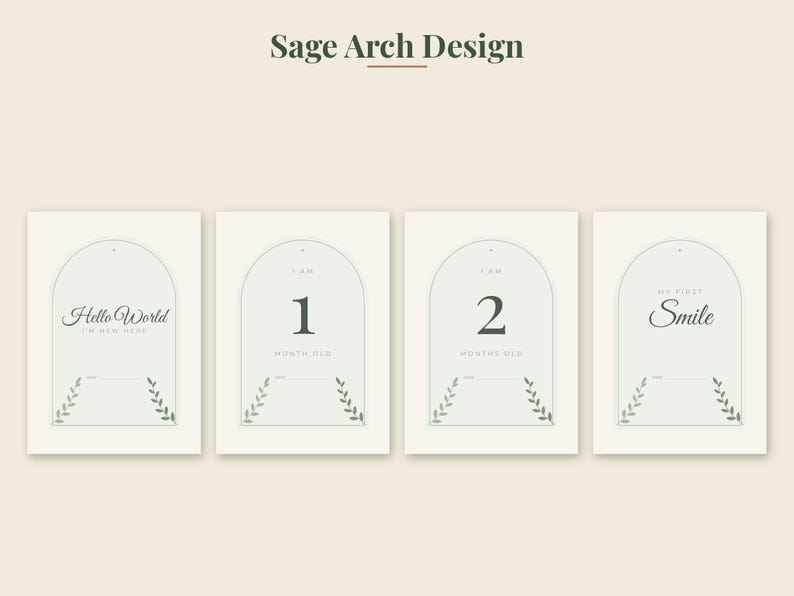 May include: Four rectangular milestone cards with a sage green arch design on a cream background. The cards feature dark green text including "Hello World," "1 Month Old," "2 Months Old," and "My First Smile," with small leaf illustrations and lines for dates.