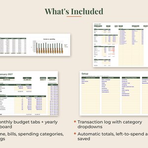 May include: A digital budget planner template featuring a 2027 dashboard, monthly budget sheets, and a setup page. The layout includes tables for income, fixed bills, spending categories, and savings goals, with automatic totals and transaction logs.