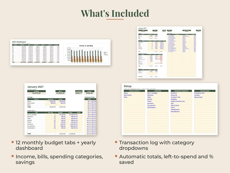 May include: A digital budget planner template featuring a 2027 dashboard, monthly budget sheets, and a setup page. The layout includes tables for income, fixed bills, spending categories, and savings goals, with automatic totals and transaction logs.