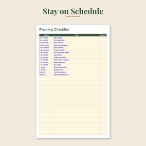 May include: A planning checklist document titled Stay on Schedule with a table featuring columns for When, Task, and Done. The list includes wedding-related tasks ranging from 12+ months to the week of the event, printed in blue text on a pale yellow background.