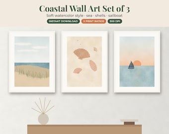 Ensemble de 3 affiches murales sur le thème du littoral, aquarelles de plage, décorations imprimables sur le thème de l'océan