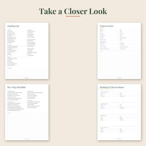 Peut inclure: Quatre pages de planificateur num&eacute;rique blanches avec du texte vert fonc&eacute; intitul&eacute; Take a Closer Look. Les pages incluent une liste de colisage, un aper&ccedil;u du voyage, une liste de contr&ocirc;le pr&eacute;-voyage et des r&eacute;servations, avec des sections.