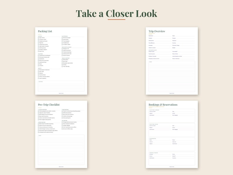 Peut inclure: Quatre pages de planificateur num&eacute;rique blanches avec du texte vert fonc&eacute; intitul&eacute; Take a Closer Look. Les pages incluent une liste de colisage, un aper&ccedil;u du voyage, une liste de contr&ocirc;le pr&eacute;-voyage et des r&eacute;servations, avec des sections.