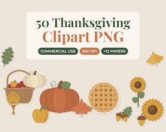 Thanksgiving Clipart PNG Commercial Use, 50 Fall Pumpkin Pie Leaf Graphics, Autumn Digital Paper