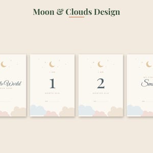 May include: Four rectangular milestone cards with a Moon & Clouds Design. Each card features a crescent moon, stars, and pastel blue and pink clouds. Text includes Hello World I'm New Here, 1 Month Old, 2 Months Old, and My First Smile with date lines.