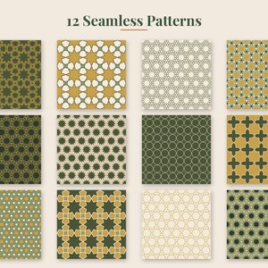May include: A collection of 12 seamless patterns arranged in a grid, featuring geometric designs in shades of olive green, mustard yellow, and cream. The text 12 Seamless Patterns is displayed at the top in a dark green serif font.