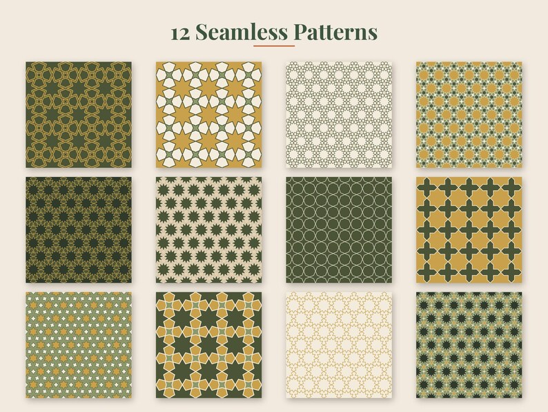 May include: A collection of 12 seamless patterns arranged in a grid, featuring geometric designs in shades of olive green, mustard yellow, and cream. The text 12 Seamless Patterns is displayed at the top in a dark green serif font.