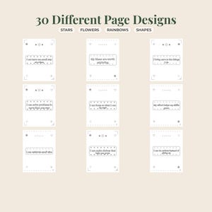 May include: A collection of 30 different page designs featuring stars, flowers, rainbows, and shapes. Each page includes a central rectangular box with motivational text and decorative borders. The layout is presented in a grid format on a light background.