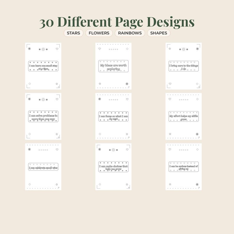 May include: A collection of 30 different page designs featuring stars, flowers, rainbows, and shapes. Each page includes a central rectangular box with motivational text and decorative borders. The layout is presented in a grid format on a light background.