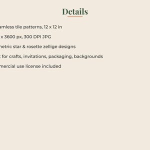 May include: A digital product listing titled Details featuring 12 seamless tile patterns in 12 x 12 inch size. The text specifies 3600 x 3600 px, 300 DPI JPG files, geometric star and rosette zellige designs, and a commercial use license included.