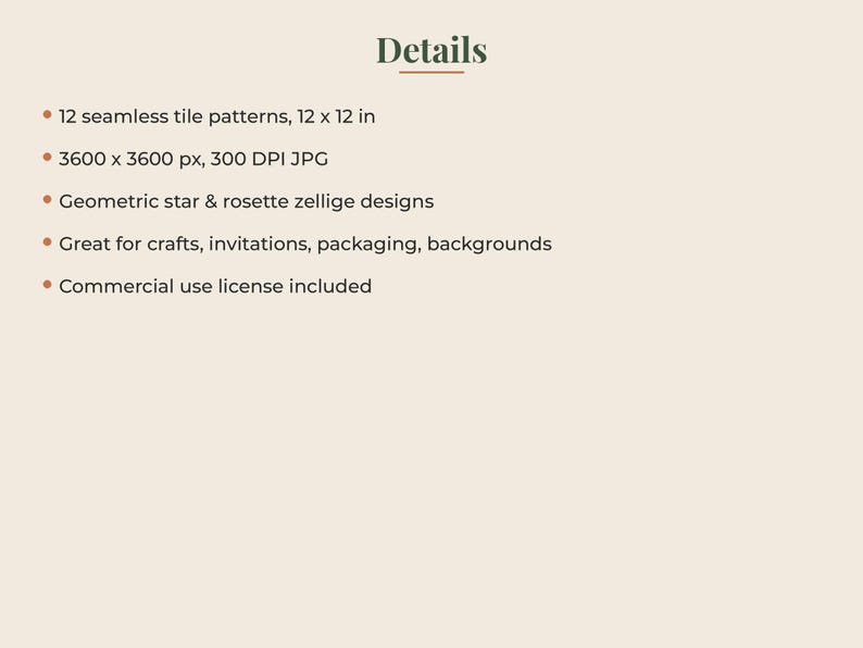 May include: A digital product listing titled Details featuring 12 seamless tile patterns in 12 x 12 inch size. The text specifies 3600 x 3600 px, 300 DPI JPG files, geometric star and rosette zellige designs, and a commercial use license included.