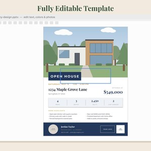 May include: A digital real estate flyer template titled Open House for 1234 Maple Grove Lane, priced at $549,000. The design features a flat illustration of a modern house, property details including 4 beds, 3 baths, 2,450 sq ft, and agent contact information for Jordan Taylor.