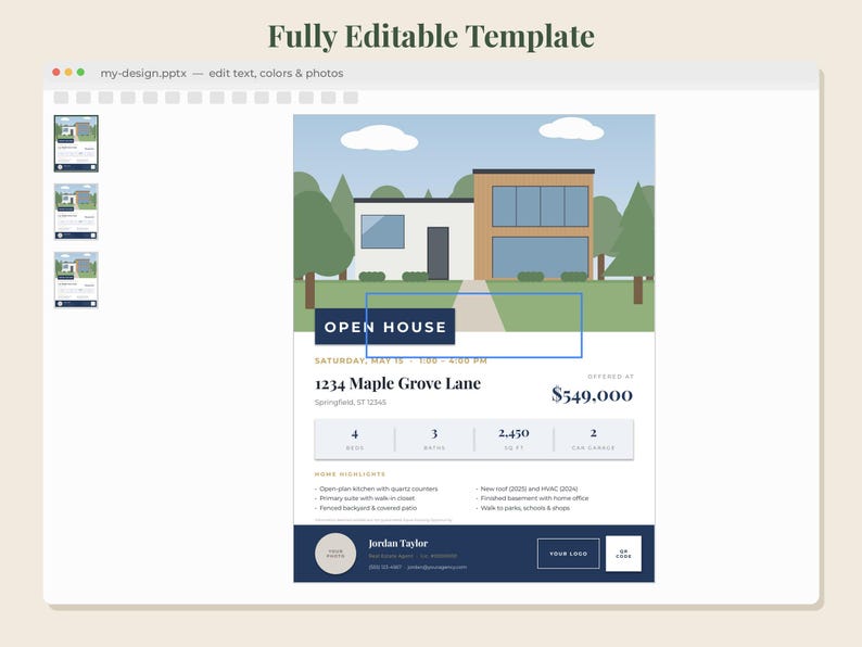 May include: A digital real estate flyer template titled Open House for 1234 Maple Grove Lane, priced at $549,000. The design features a flat illustration of a modern house, property details including 4 beds, 3 baths, 2,450 sq ft, and agent contact information for Jordan Taylor.