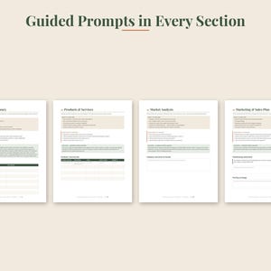 May include: Four white business plan template pages with dark green text and headers. The pages are titled Executive Summary, Products & Services, Market Analysis, and Marketing & Sales Plan, featuring guided prompts and structured tables.