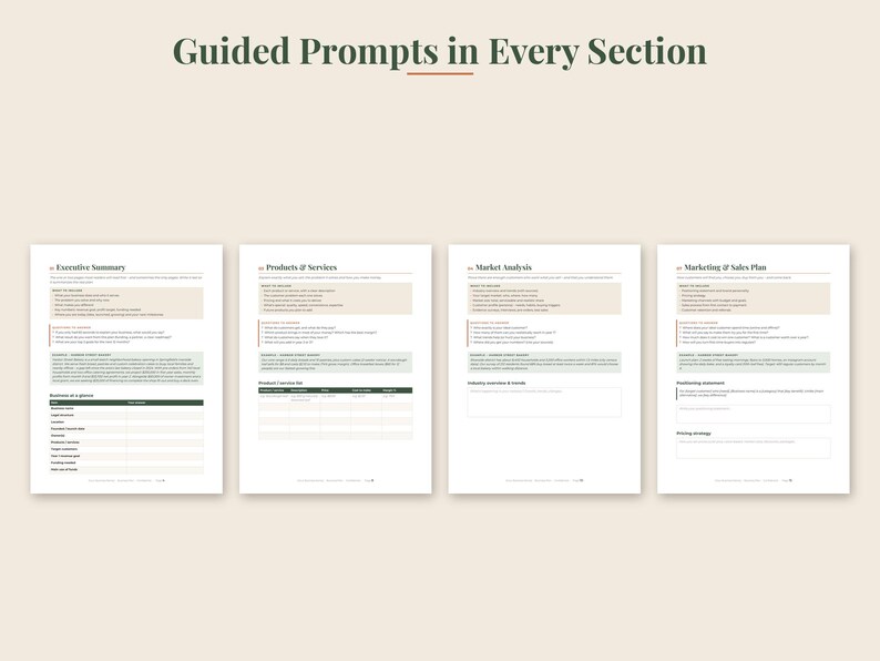 May include: Four white business plan template pages with dark green text and headers. The pages are titled Executive Summary, Products & Services, Market Analysis, and Marketing & Sales Plan, featuring guided prompts and structured tables.