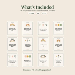 May include: A set of 24 growth-mindset quote posters featuring various illustrations like rainbows and geometric shapes. The text includes phrases such as Mistakes can show me a new path and Hard today can feel easier after practice. Sizes include Letter, A4, and 11 x 17 inches.