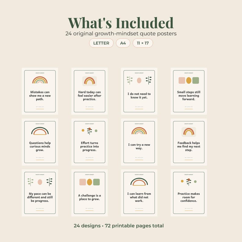 May include: A set of 24 growth-mindset quote posters featuring various illustrations like rainbows and geometric shapes. The text includes phrases such as Mistakes can show me a new path and Hard today can feel easier after practice. Sizes include Letter, A4, and 11 x 17 inches.