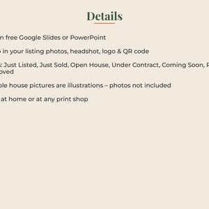 May include: A digital information graphic with the heading Details. The text lists instructions for editing in Google Slides or PowerPoint, swapping listing photos, logos, and QR codes, post types, a note on sample illustrations, and printing.