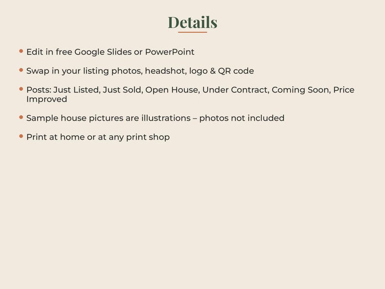 May include: A digital information graphic with the heading Details. The text lists instructions for editing in Google Slides or PowerPoint, swapping listing photos, logos, and QR codes, post types, a note on sample illustrations, and printing.