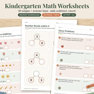 Kindergarten Math Worksheets, 50 Page Addition Subtraction Printable, Number Bonds image 1