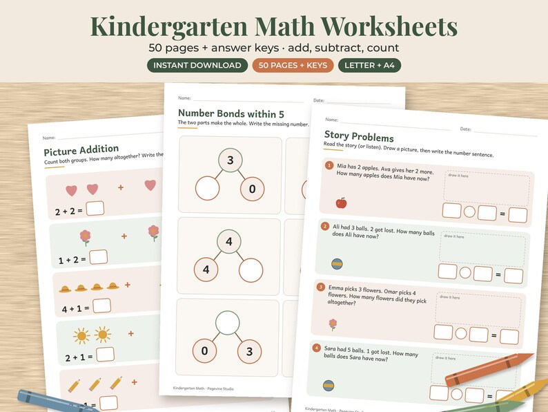 Kindergarten Math Worksheets, 50 Page Addition Subtraction Printable, Number Bonds image 1