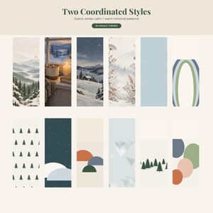 May include: A collection of twelve rectangular digital bookmarks featuring two coordinated styles. Designs include snowy mountain landscapes, a cozy cabin window scene, winter flora, pine tree patterns, abstract geometric shapes, and colorful circles.