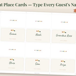 May include: A printable sheet of six rectangular tent place cards with a cream background, featuring small colorful leaf icons, the text "GIVE THANKS" in small letters, and guest names like Emma, Noah, Grandma Rose, Olivia, Sam, and Priya.