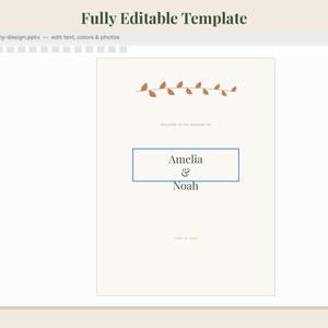 May include: A digital template for a wedding sign displayed in a software interface. The design features a cream background, a terracotta-colored leaf vine graphic, and the text "WELCOME TO THE WEDDING OF", "Amelia & Noah", and "JUNE 12, 2025".