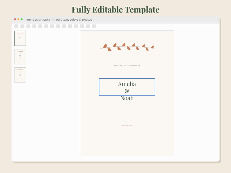 May include: A digital template for a wedding sign displayed in a software interface. The design features a cream background, a terracotta-colored leaf vine graphic, and the text "WELCOME TO THE WEDDING OF", "Amelia & Noah", and "JUNE 12, 2025".