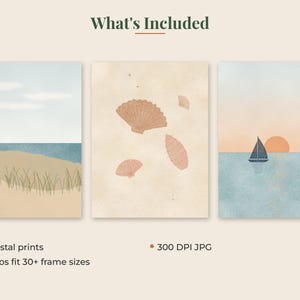 May include: Three digital art prints featuring coastal themes. The first shows a beach with grass, the second displays three seashells on a beige background, and the third depicts a sailboat on water at sunset. Text reads What's Included, 3 coastal prints, 300 DPI JPG, and 5 ratios fit 30+ frame sizes.