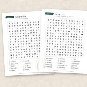 May include: Two white word search puzzle sheets with black text. The left sheet is titled Mountains, Puzzle 11, and the right sheet is titled Desserts, Puzzle 44. Each page features a grid of letters and a list of words to find with checkboxes.