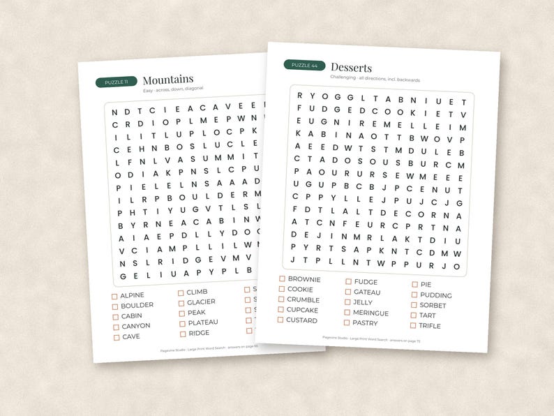 May include: Two white word search puzzle sheets with black text. The left sheet is titled Mountains, Puzzle 11, and the right sheet is titled Desserts, Puzzle 44. Each page features a grid of letters and a list of words to find with checkboxes.