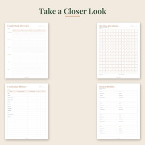 May include: Four white planner pages with dark green and peach text. The pages are titled Family Week Overview, 180-Day Attendance, Curriculum Planner, and Student Profiles. Each page features organized grids, lines, and headers for educational planning.