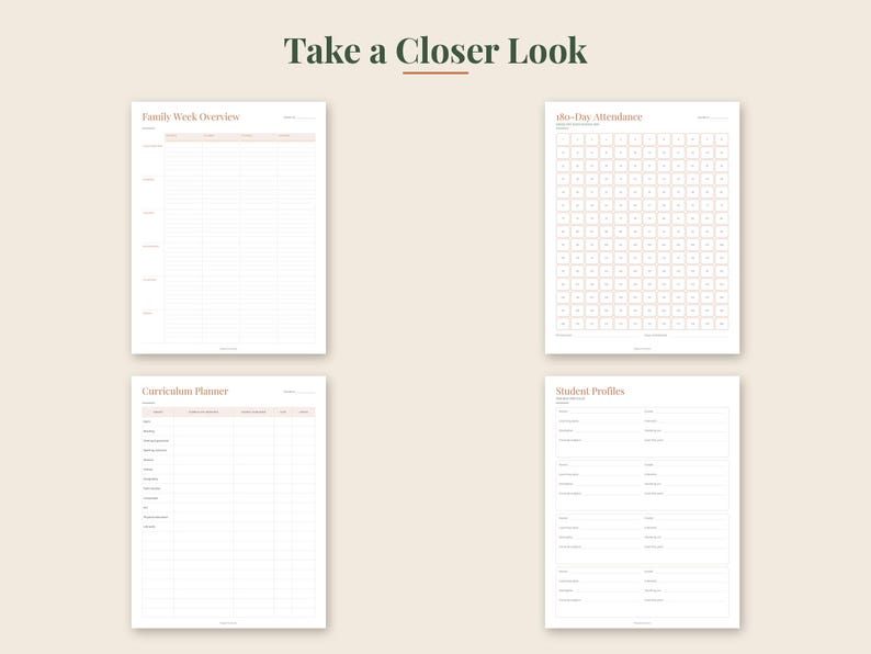 May include: Four white planner pages with dark green and peach text. The pages are titled Family Week Overview, 180-Day Attendance, Curriculum Planner, and Student Profiles. Each page features organized grids, lines, and headers for educational planning.