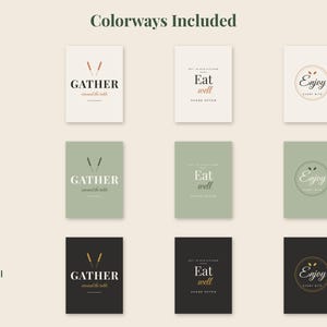 May include: A grid of nine rectangular wall art prints arranged in three rows and three columns, labeled by colorways: Cream, Sage, and Charcoal. Each print features typography with the phrases GATHER, Eat well, or Enjoy, accompanied by small icons.