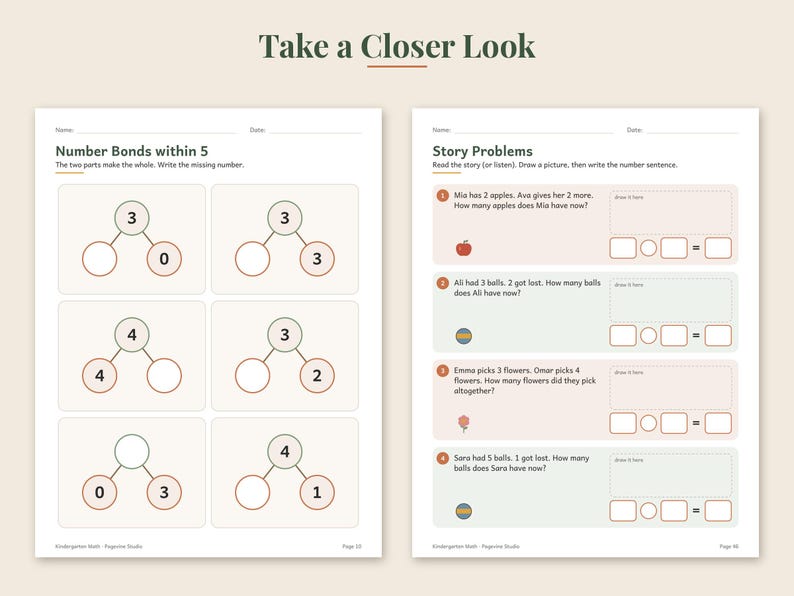 Kindergarten Math Worksheets, 50 Page Addition Subtraction Printable, Number Bonds image 3