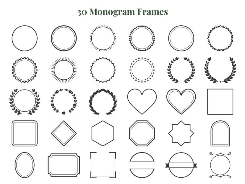 May include: A collection of 30 black and white monogram frames arranged in a grid. The set includes various shapes such as circles, squares, hearts, hexagons, and octagons, featuring decorative borders like laurel wreaths, dots, and lines.