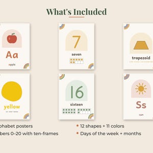 May include: Six educational posters featuring letters, numbers, and shapes with muted color arches and rainbow accents. The text includes 'What's Included', 'Aa apple', '7 seven', 'trapezoid', 'yellow', '16 sixteen', 'Ss sun', and lists of contents.