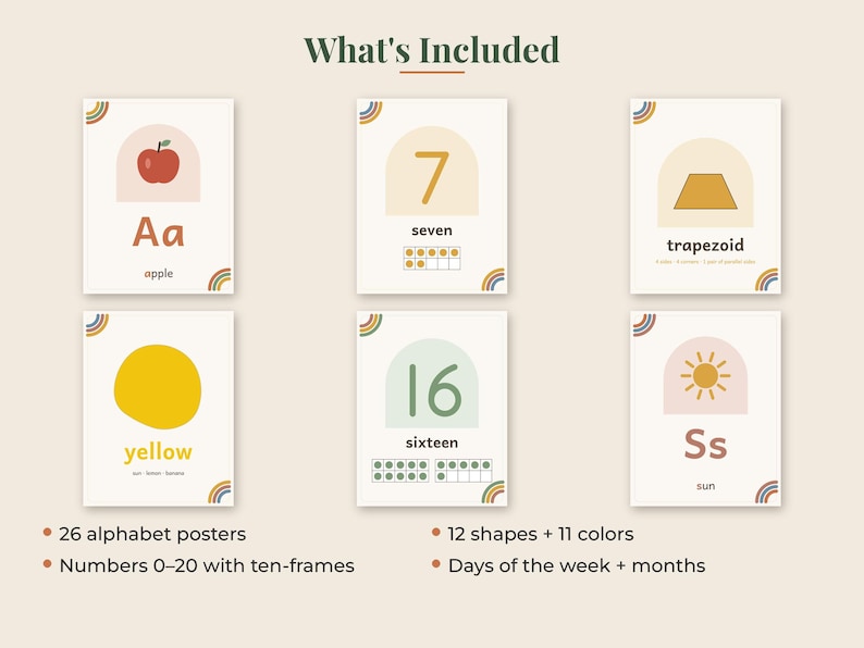 May include: Six educational posters featuring letters, numbers, and shapes with muted color arches and rainbow accents. The text includes 'What's Included', 'Aa apple', '7 seven', 'trapezoid', 'yellow', '16 sixteen', 'Ss sun', and lists of contents.