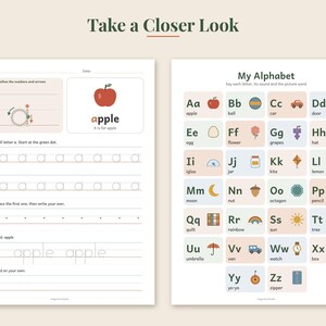 May include: Two educational worksheets featuring the text Take a Closer Look. The left sheet provides tracing practice for the letter a with an apple illustration. The right sheet displays My Alphabet with letters A through Z and corresponding icons.