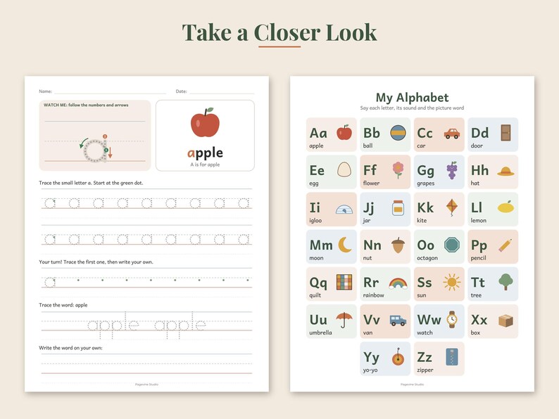 May include: Two educational worksheets featuring the text Take a Closer Look. The left sheet provides tracing practice for the letter a with an apple illustration. The right sheet displays My Alphabet with letters A through Z and corresponding icons.