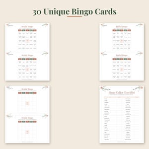 May include: A set of 30 unique bridal bingo cards featuring a white background with floral accents. The cards include grids labeled B-I-N-G-O with a central free space, and one sheet titled Bingo Caller Checklist with a list of items in columns.