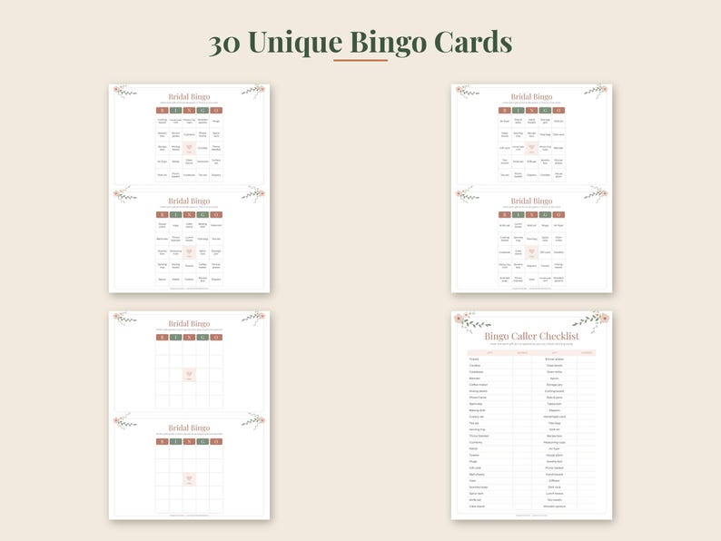 May include: A set of 30 unique bridal bingo cards featuring a white background with floral accents. The cards include grids labeled B-I-N-G-O with a central free space, and one sheet titled Bingo Caller Checklist with a list of items in columns.
