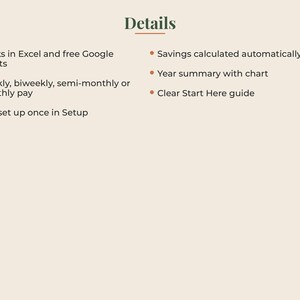 May include: A digital information graphic titled Details with a list of features: Works in Excel and free Google Sheets, Weekly, biweekly, semi-monthly or monthly pay, Bills set up once in Setup, Savings calculated automatically, Year summary with chart, and Clear Start Here guide.