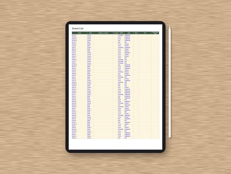 May include: A digital tablet displaying a wedding guest list spreadsheet with columns for name, side, contact, RSVP, meal, table, and thank you sent. The screen features a dark green header and a light cream background. A white stylus rests beside the tablet.