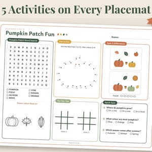 May include: A rectangular paper placemat titled Pumpkin Patch Fun featuring five activities including a word search, a dot-to-dot pumpkin, spot the differences, tic-tac-toe, and a quick quiz with questions about pumpkins and the autumn season.