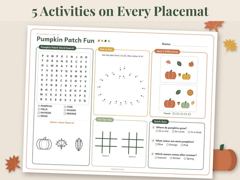 May include: A rectangular paper placemat titled Pumpkin Patch Fun featuring five activities including a word search, a dot-to-dot pumpkin, spot the differences, tic-tac-toe, and a quick quiz with questions about pumpkins and the autumn season.